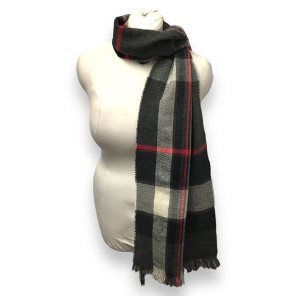 Goodfellow & Co. Mens Raw Edge Plaid Scarf with Fringe, Gray, OSFA - Picture 1 of 6